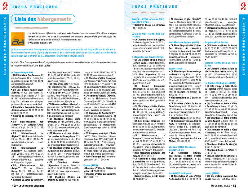 Liste des hébergements du TopoGuide du chemin de Stevenson