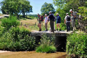 Randonneurs sur une passerelle en granit, près du Domaine du sauvage